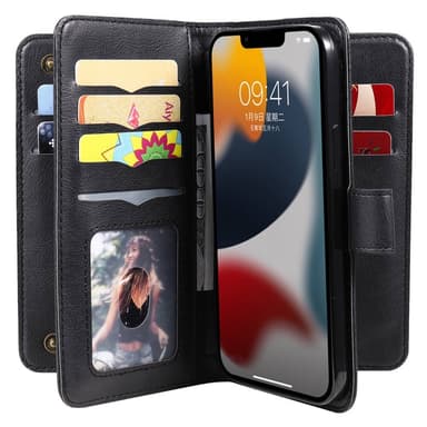 SKALO iPhone 14 Plus 10-lokeroa Lompakkokotelo - Musta