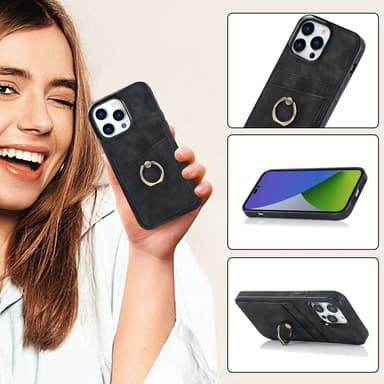 SKALO iPhone 14 Pro Max PU-nahkainen kortinhaltijan rengas - Musta