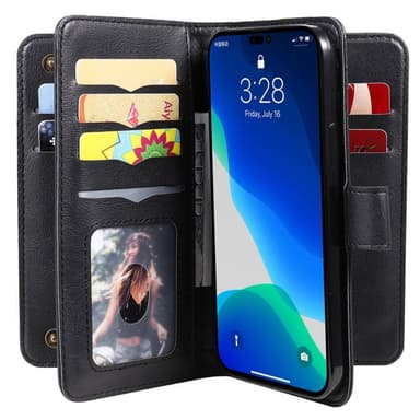 SKALO iPhone 14 Pro 10-lokeroa Lompakkokotelo - Musta