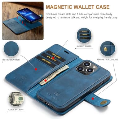 DG MING iPhone 14 Pro Max 2-in-1 magneetti lompakkokotelo - Sininen