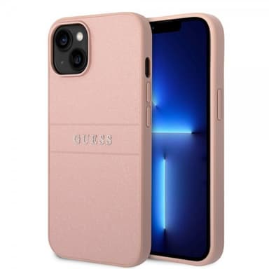 Guess iPhone 14 Plus Kuori Saffiano Metal Logo Stripes Vaaleanpunainen