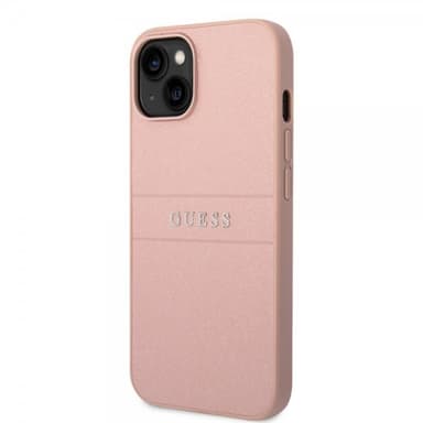 Guess iPhone 14 Plus Kuori Saffiano Metal Logo Stripes Vaaleanpunainen