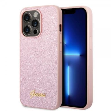 Guess iPhone 14 Pro Max Kuori Glitter Flakes Metal Logo Vaaleanpunainen