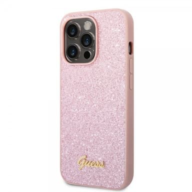 Guess iPhone 14 Pro Max Kuori Glitter Flakes Metal Logo Vaaleanpunainen