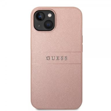 Guess iPhone 14 Plus Kuori Saffiano Metal Logo Stripes Vaaleanpunainen