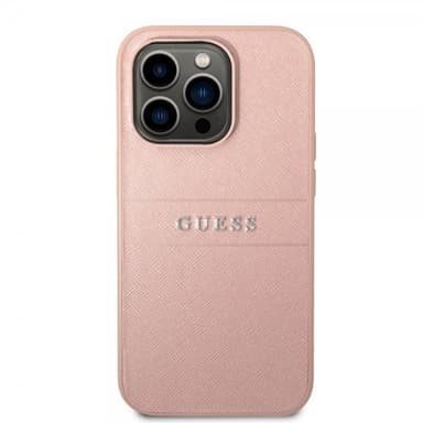 Guess iPhone 14 Pro Max Kuori Saffiano Metal Logo Stripes Vaaleanpunainen