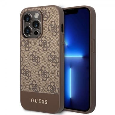 Guess iPhone 14 Pro Max Kuori Bottom Stripe Metal Logo Ruskea
