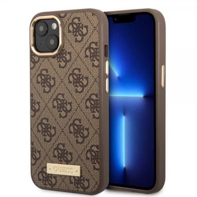 Guess iPhone 14 Plus Kuori Metal Plate Logo MagSafe Ruskea