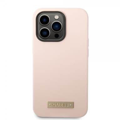 Guess iPhone 14 Pro Max Kuori Silicone Metal Plate MagSafe Vaaleanpunainen