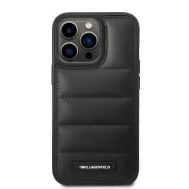 Karl Lagerfeld iPhone 14 Pro Kuori Quilted Nylon Puffy Case Logo Plate Musta