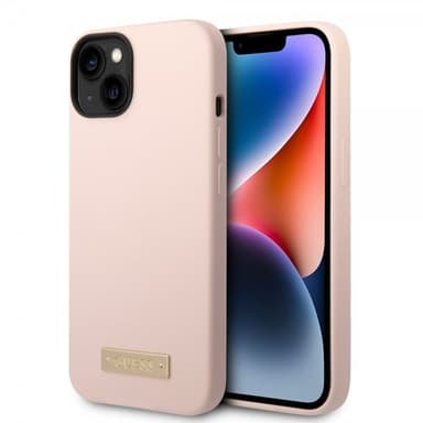 Guess iPhone 14 Kuori Silicone Metal Plate MagSafe Vaaleanpunainen