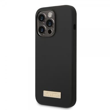 Guess iPhone 14 Pro Max Kuori Silicone Metal Plate MagSafe Musta