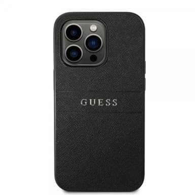 Guess iPhone 14 Pro Max Kuori Saffiano Metal Logo Stripes Musta