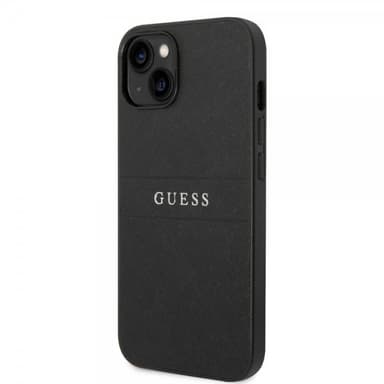 Guess iPhone 14 Plus Kuori Saffiano Metal Logo Stripes Musta