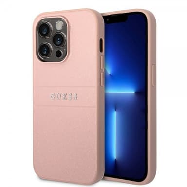 Guess iPhone 14 Pro Max Kuori Saffiano Metal Logo Stripes Vaaleanpunainen