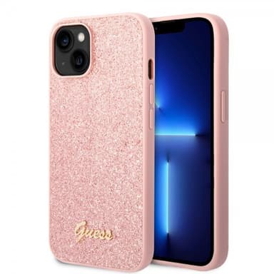 Guess iPhone 14 Plus Kuori Glitter Flakes Metal Logo Vaaleanpunainen