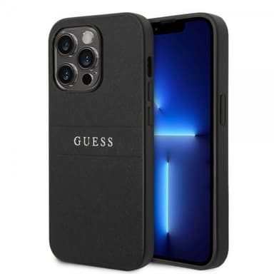 Guess iPhone 14 Pro Max Kuori Saffiano Metal Logo Stripes Musta