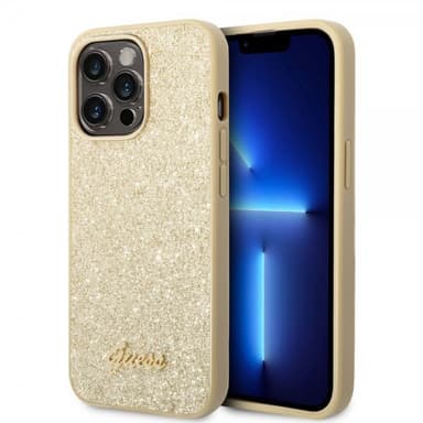 Guess iPhone 14 Pro Max Kuori Glitter Flakes Metal Logo Kulta