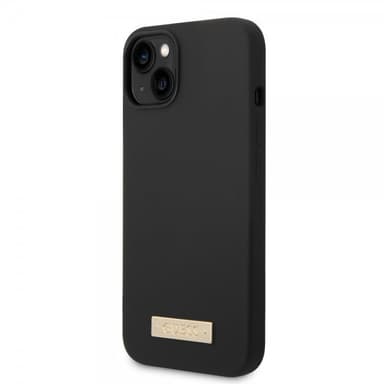 Guess iPhone 14 Kuori Silicone Metal Plate MagSafe Musta