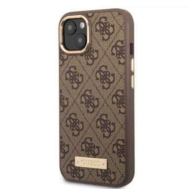 Guess iPhone 14 Plus Kuori Metal Plate Logo MagSafe Ruskea