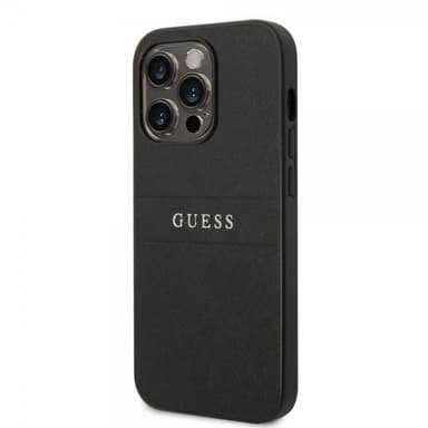 Guess iPhone 14 Pro Max Kuori Saffiano Metal Logo Stripes Musta