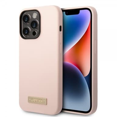 Guess iPhone 14 Pro Max Kuori Silicone Metal Plate MagSafe Vaaleanpunainen