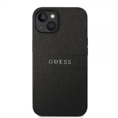 Guess iPhone 14 Plus Kuori Saffiano Metal Logo Stripes Musta