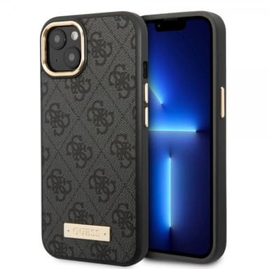 Guess iPhone 14 Plus Kuori Metal Plate Logo MagSafe Musta