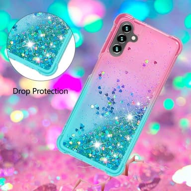 SKALO Samsung A13 5G Juoksuhiekka Glitter Sydämet TPU kuori - Pinkki-Turkoosi