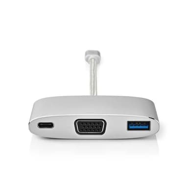 Nedis USB N Moniporttisovitin | USB 3.2 Gen 1 | USB-C™ Uros | USB-A Naaras / USB-C™ Naaras / VGA Naaras | 5 Gbps | 0.20 m | Pyöreä | Kullattu | Nailon / Punottu | Hopea | Laatikko kannella ja ikkunalla