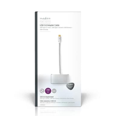 Nedis USB N Moniporttisovitin | USB 3.2 Gen 1 | USB-C™ Uros | USB-A Naaras / USB-C™ Naaras / VGA Naaras | 5 Gbps | 0.20 m | Pyöreä | Kullattu | Nailon / Punottu | Hopea | Laatikko kannella ja ikkunalla