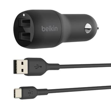 Kaksi USB-A-autolaturia 24W + USB-C-kaapeli, musta