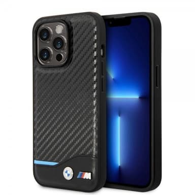 BMW iPhone 14 Pro Kuori Carbon Effect Printed Logo Musta
