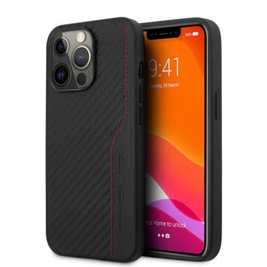 AMG iPhone 14 Pro Max Kuori Carbon Effect Stamped Logo Musta