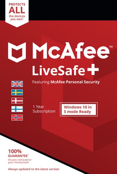 McAfee LiveSafe Plus 12kk - PC, Mac, iOS, Android (laitteen ostajalle)