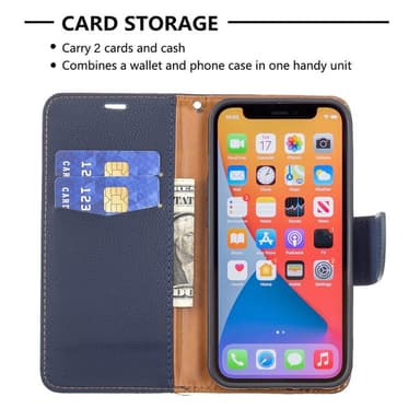 SKALO iPhone 13 Pro Premium Litchi Lompakkokotelo - Tummansininen