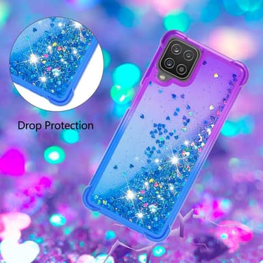 SKALO Samsung A12 Juoksuhiekka Glitter Sydämet TPU kuori - Violetti-Sininen