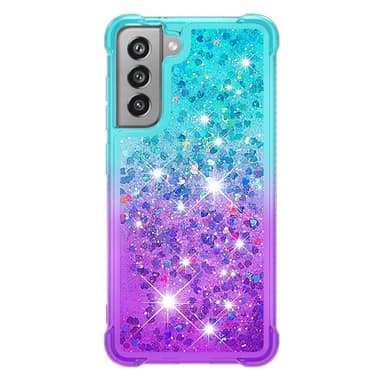 SKALO Samsung S21 FE Juoksuhiekka Glitter Sydämet TPU kuori - Turkoosi-Violetti