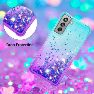 SKALO Samsung S21 FE Juoksuhiekka Glitter Sydämet TPU kuori - Turkoosi-Violetti