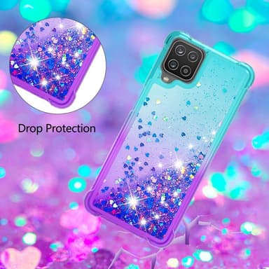 SKALO Samsung A12 Juoksuhiekka Glitter Sydämet TPU kuori - Turkoosi-Violetti