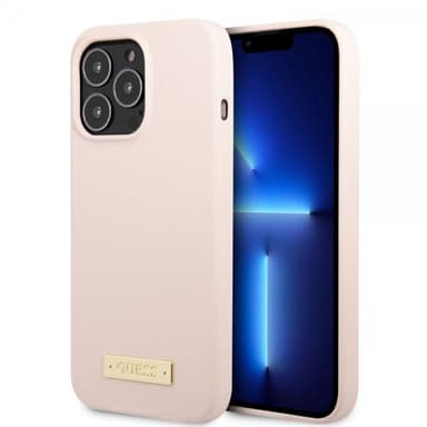 Guess iPhone 13 Pro Max Kuori Silicone Metal Plate MagSafe Vaaleanpunainen