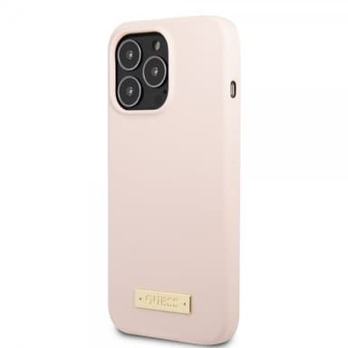 Guess iPhone 13 Pro Max Kuori Silicone Metal Plate MagSafe Vaaleanpunainen