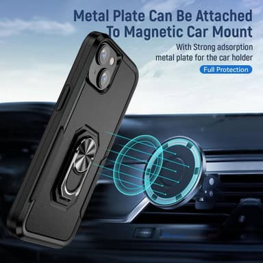 iPhone 14 Iskunkestävä TPU+PC Kickstand Puhelinkotelo Autoon kiinnitettävä metallilevy - musta