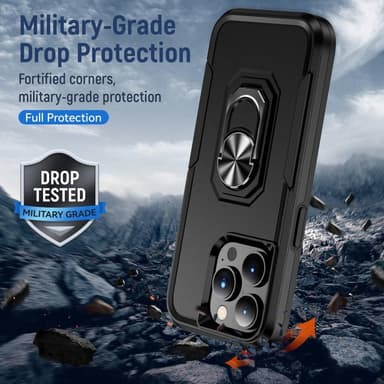 iPhone 14 Pro Max iskunkestävä TPU+PC Kickstand Puhelinkotelo Autoon kiinnitettävä metallilevy - musta