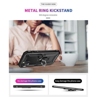 iPhone 14 Iskunkestävä TPU+PC Kickstand Puhelinkotelo Autoon kiinnitettävä metallilevy - musta