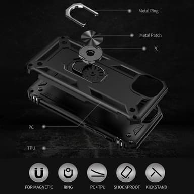 iPhone 14 Iskunkestävä TPU+PC Kickstand Puhelinkotelo Autoon kiinnitettävä metallilevy - musta