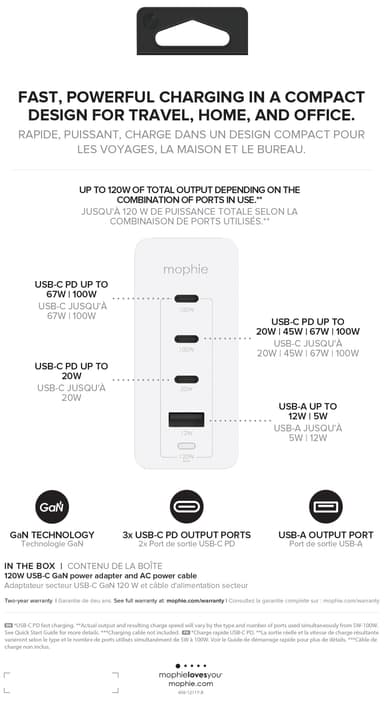 Mophie Speedport 120 W GaN seinälaturi