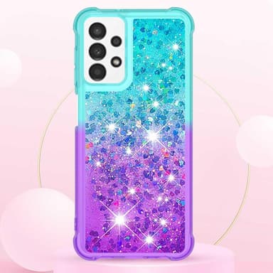 SKALO Samsung A13 4G Juoksuhiekka Glitter Sydämet TPU kuori - Turkoosi-Violetti