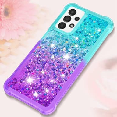 SKALO Samsung A13 4G Juoksuhiekka Glitter Sydämet TPU kuori - Turkoosi-Violetti