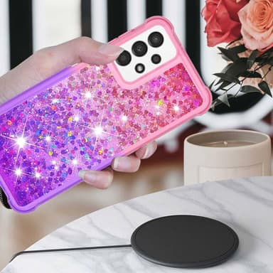 SKALO Samsung A13 4G Juoksuhiekka Glitter Sydämet TPU kuori - Pinkki-Violetti